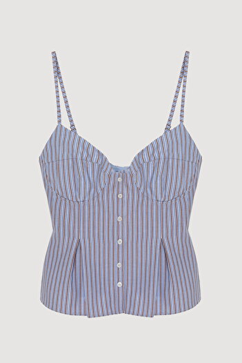 Quzu Striped Pleat Detailed Thin Strap Blouse Blue