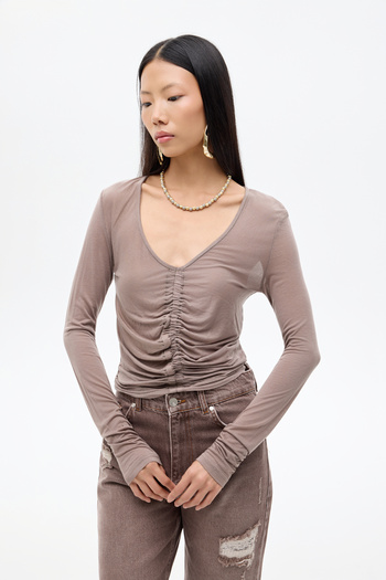 Quzu Front Gathered V-Neck Transparent Blouse Mink