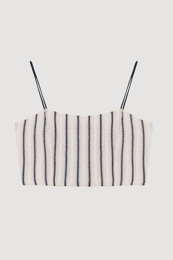 Quzu Stripe Detailed Strap Crop Blouse Ecru