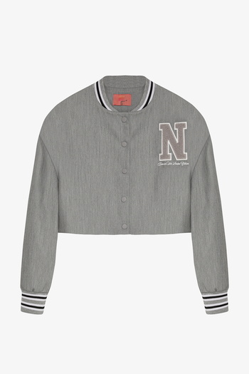 Quzu Letter Embroidered Ribbed Short Bomber Jacket Gray