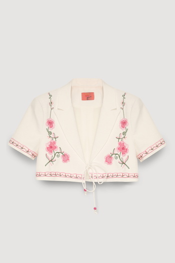Quzu Embroidery Floral Patterned Short Jacket Ecru