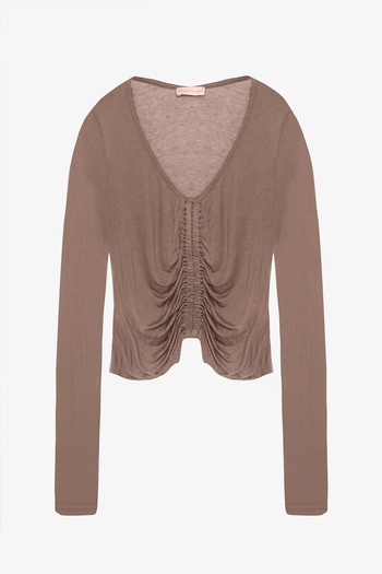Quzu Front Gathered V-Neck Transparent Blouse Mink