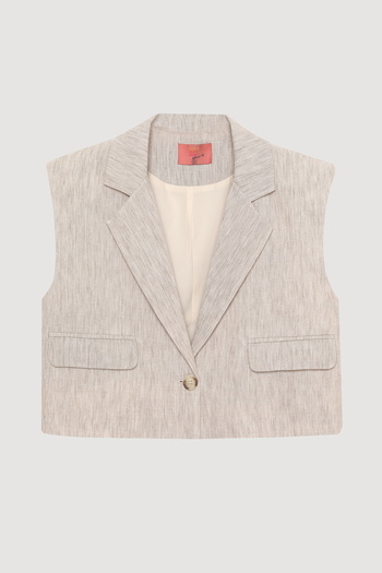 Quzu Double Breasted Collar Buttoned Sleeveless Vest Jacket Natural