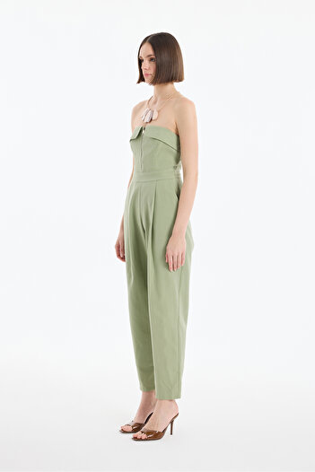 Quzu Zipper Detailed Strapless Long Jumpsuit Khaki
