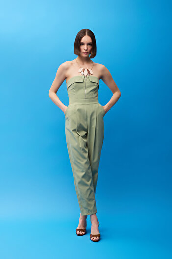 Quzu Zipper Detailed Strapless Long Jumpsuit Khaki