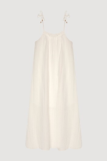 Quzu Seersucker Long Dress with Binding Rope Straps Ecru