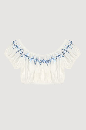 Quzu Embroidery Detailed Balloon Sleeve Crop Blouse Ecru