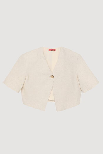Quzu Single Button Short Sleeve Linen Jacket Natural