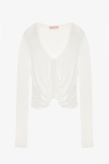 Quzu Front Gathered V-Neck Transparent Blouse Ecru