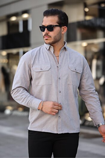 Valiberta Double Pocket Slim Fit Men's Velvet Shirt - Stone