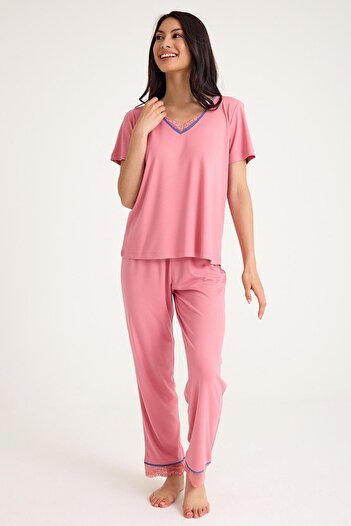 Amarelle Dream Pembe Viskon V Yaka Dantel Detaylı Pijama Takımı
