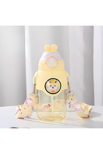 Twisoo Cute Rabbit Cartoon Kids Water Bottle with Straw and Adjustable Strap 500ml (Yellow)