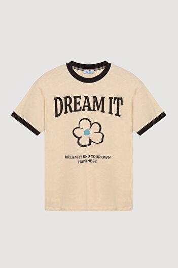Quzu Piping Collar Printed T-Shirt Beige