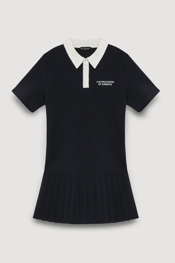 Quzu Polo Neck Pleated Mini Dress Navy Blue