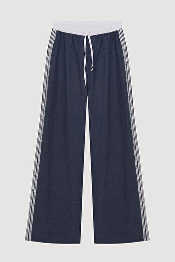 Quzu Side Stripe Written Denim Look Trousers Indigo