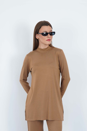 penyebizden Viscose Stand Collar Tunic-Cinnamon
