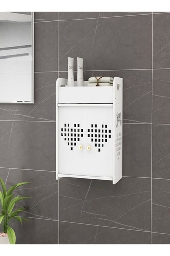 Raffine 2 Tiers Multipurpose Use Heart Engraved Design Wall Mounted Storage Shelf Wood Bathroom Storage Cabi