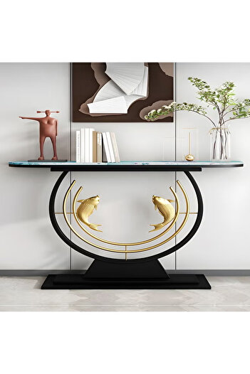 Raffine Modern Half Moon Shape Design with Metal Fishes Rustproof Rock Slab Tabletop