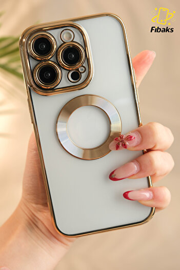 Fibaks iPhone 15 Pro Compatible Case Camera Lens Protection Cover with Transparent Shiny Edge on the Back Showing Logo