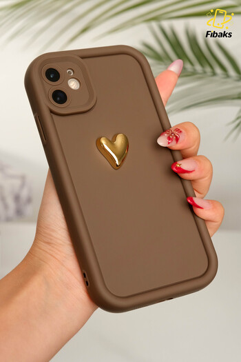 Fibaks Apple iPhone 11 Case 3D Heart Design Brown Pattern Soft Camera Protection Silicone Cover