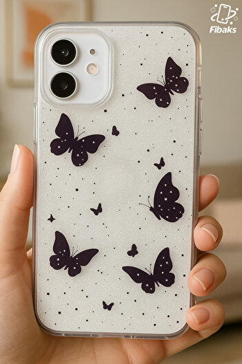Fibaks Apple iPhone 12/12 Pro Compatible Case Silvery Black Butterfly Pattern Colorful Shiny Shock Absorbing Cover