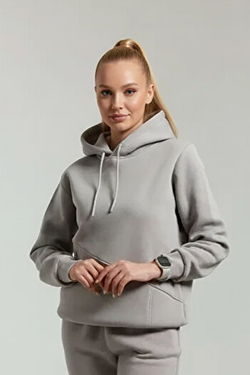 OXVİN Γυναικείο φούτερ Oversize Puff Soft Hooded - Cut Pocket, 3 κλωστές, Fleece Inner Surface