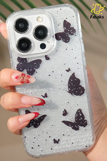 Fibaks Apple iphone 14 pro max compatible case glitter black butterfly patterned colorful glossy shock absorbing cover