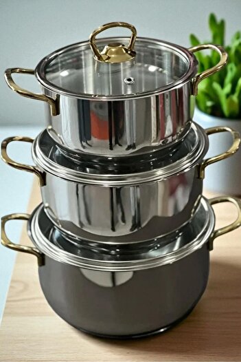 Evse Mutfak Sanatı 3-Piece Steel Casserole Pot Set Gold 14 - 16 - 18 cm