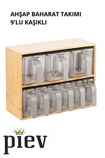 Piev 9-Piece Transparent Spice Rack with Bamboo Stand, Divided Lid, and Spoon