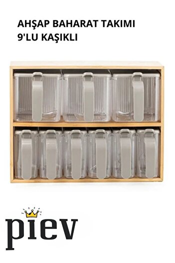 Piev 9-Piece Transparent Spice Rack with Bamboo Stand, Divided Lid, and Spoon