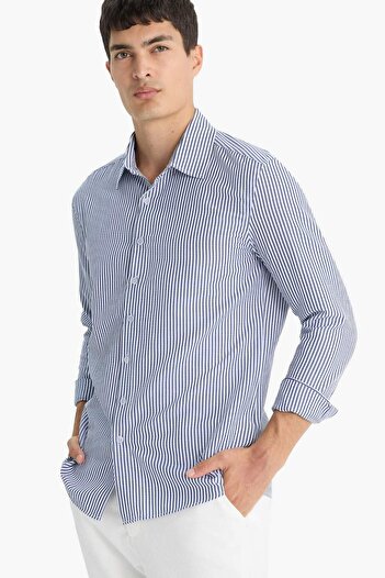 DeFacto Polo Collar Striped Seersucker Patterned Long Sleeve Crinkle Fabric Shirt - D6003Ax24Au