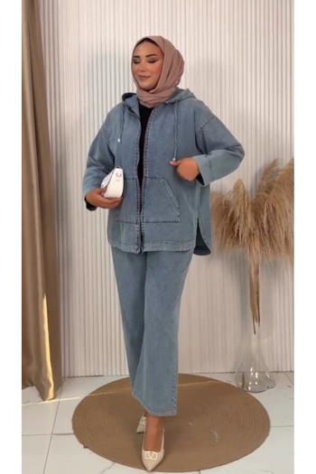 AKŞEN GİYİM Plus Size 100% Denim Washed Stonewashed Hooded Jacket and Wide Leg Pants Set