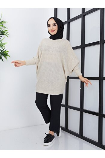 SAHRA BUTİK Bat Sleeve Knit Tunic with Stones on the Front - Ecru -