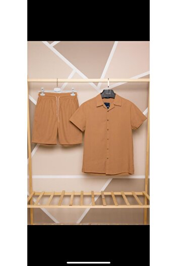 MCZ GİYİM Keten Tile Color Slim Fit Men's Shorts - Shirt Bottom Top Set