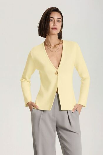 NATUFIAN STORE Women's Yellow Single Button Modern Knitwear Cardigan