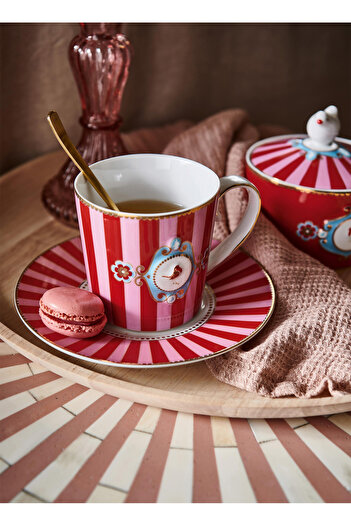 Pip Studio Porselen Kırmızı Kupa LOVEBİRDSKIRMIZIPEMBEÇİZGİLİMUG