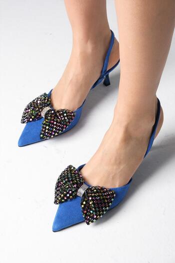 Mio Gusto Melody Saks Blue Color Suede Bow Accessory Open Back Women's Heeled Party Shoes