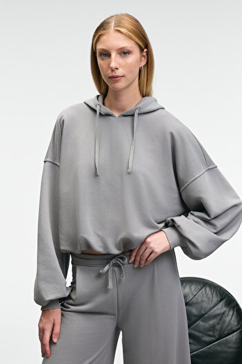 GRIMELANGE Olvera Women's Hooded Hem Balloon Oversize Gray Sweatshirt