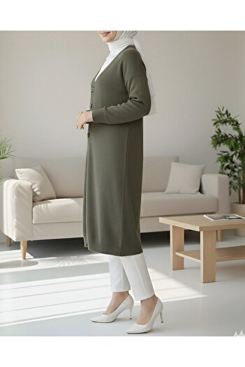 Modamorfo Corded Fabric long cardigan with buttoned fabric - khaki