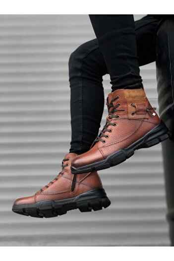 BOA BA0184 Inside and Outside Genuine Leather Tan Men's Zippered Ankle Boots
