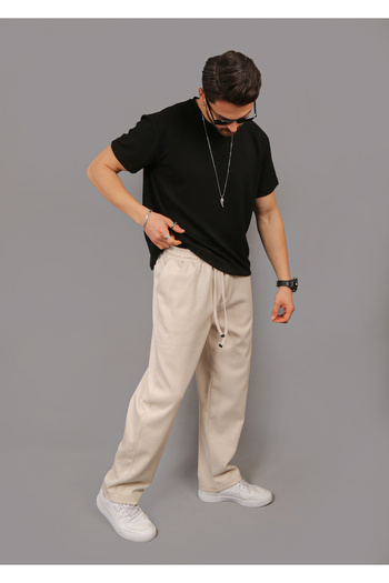 EydaMoon Men's Baggy Loose Cut Pique Trousers with Elastic Waist Original Fit