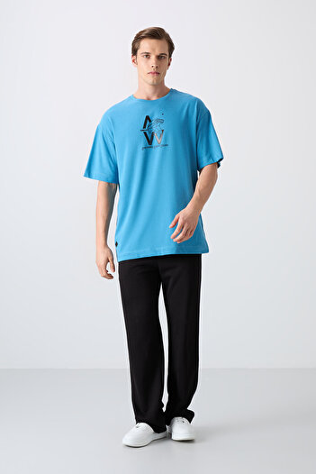 TOMMY LIFE Tricou pentru bărbați, albastru petrol, cu textura moale, cu imprimeu supradimensionat - 88332