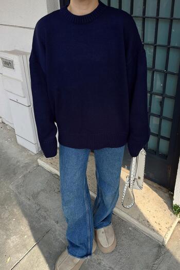 Swist Γυναικείο πλεκτό πουλόβερ Navy Blue Biscuit Crew Neck Oversize