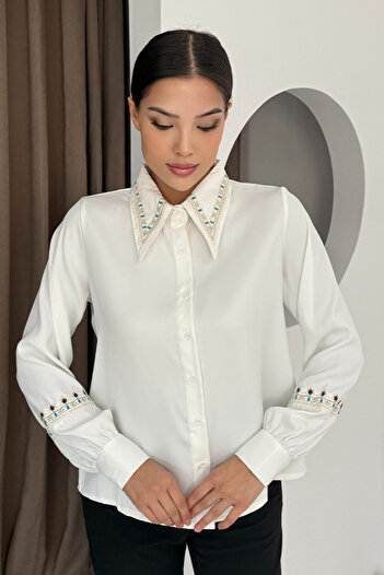TRENDBUTİKOFFİCİAL Women's Shirt with Collar Cuff Embroidery Detail