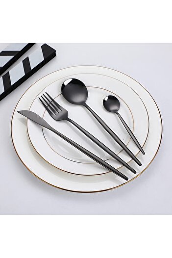 awwaline 24-Piece Portuguese Style Cutlery Set, Black, Stainless Steel