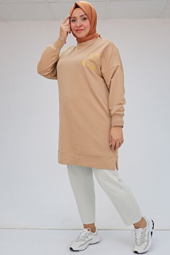 Eslina F-38128 Plus Size Printed Two Thread Tunic - Beige