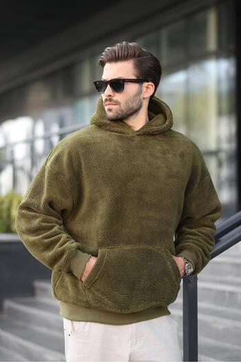 Madmext Khaki Plush Hooded Men's Sweatshirt 6050