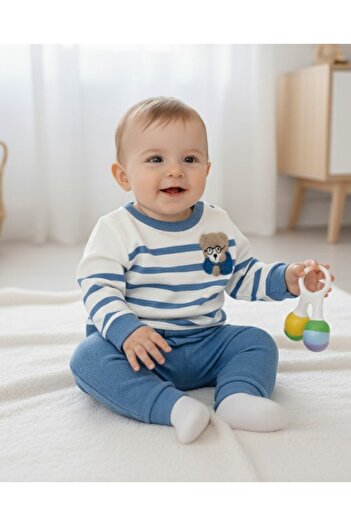 voyyo kids baby Erkek Bebek Mevsimlik Takımı Ayıcık Nakışlı Uzun Kollu Bisiklet Yaka Çizgili Sahte Gömlekli Takım