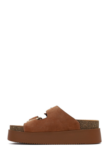 Derimod Women's Tan Double Buckle Thick Soled Suede Leather Slippers 25Sfd132810