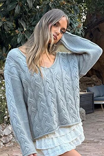 Madmext Gray V-Neck Knitted Pattern Oversize Women's Sweater Mg2519